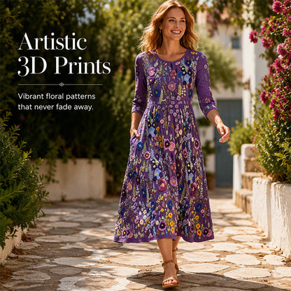 ⏰🍂Autumn Early Bird Sale-Women's Floral Print 3/4 Sleeve Midi Dress with Pockets