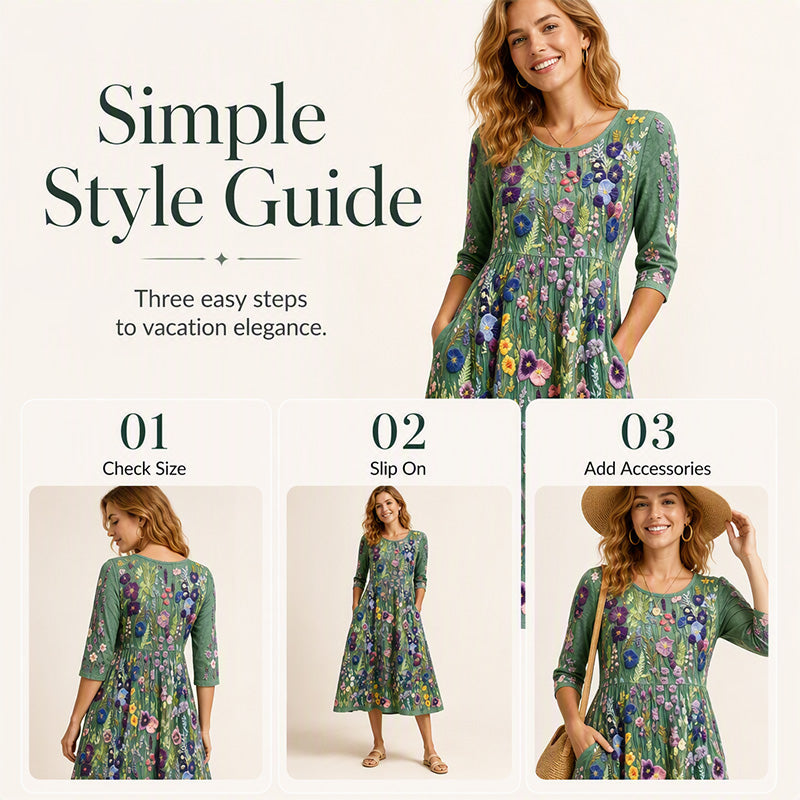 ⏰🍂Autumn Early Bird Sale-Women's Floral Print 3/4 Sleeve Midi Dress with Pockets