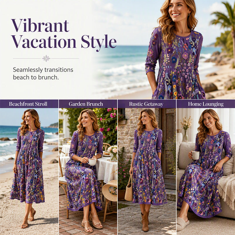⏰🍂Autumn Early Bird Sale-Women's Floral Print 3/4 Sleeve Midi Dress with Pockets