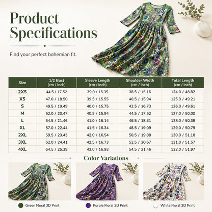 ⏰🍂Autumn Early Bird Sale-Women's Floral Print 3/4 Sleeve Midi Dress with Pockets