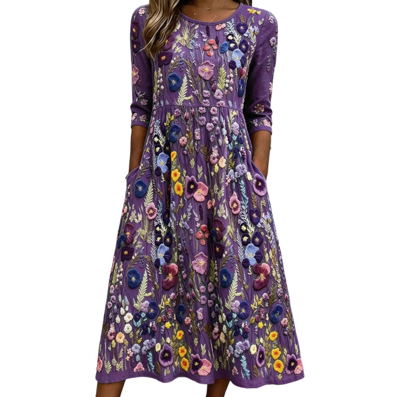⏰🍂Autumn Early Bird Sale-Women's Floral Print 3/4 Sleeve Midi Dress with Pockets