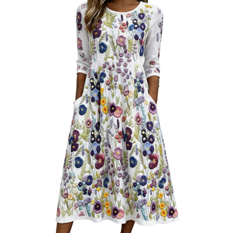⏰🍂Autumn Early Bird Sale-Women's Floral Print 3/4 Sleeve Midi Dress with Pockets