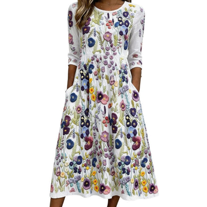 ⏰🍂Autumn Early Bird Sale-Women's Floral Print 3/4 Sleeve Midi Dress with Pockets