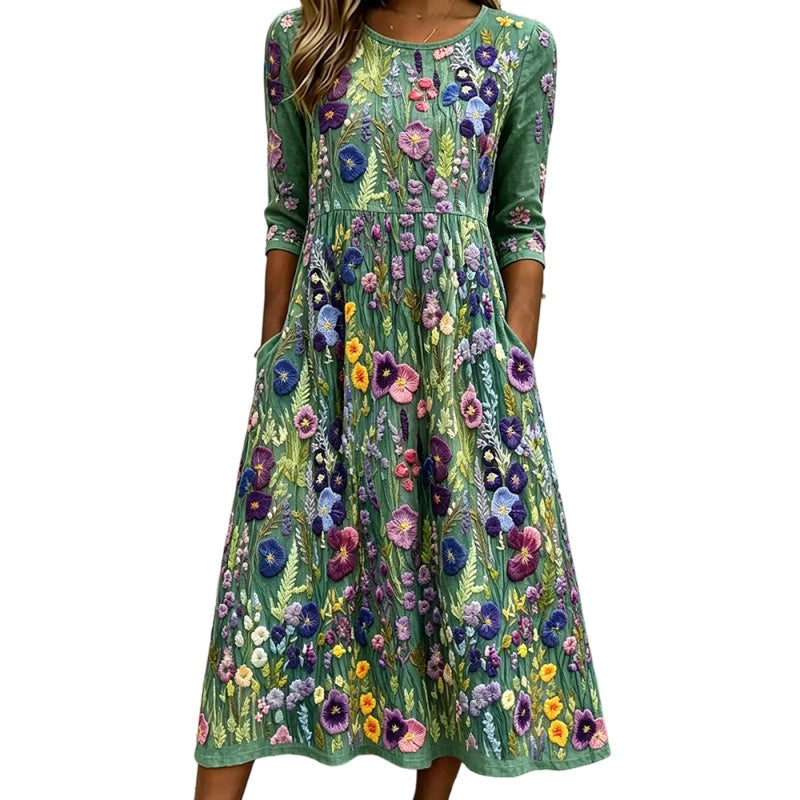 ⏰🍂Autumn Early Bird Sale-Women's Floral Print 3/4 Sleeve Midi Dress with Pockets
