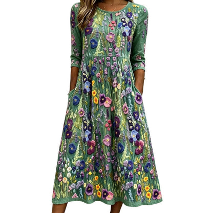 ⏰🍂Autumn Early Bird Sale-Women's Floral Print 3/4 Sleeve Midi Dress with Pockets
