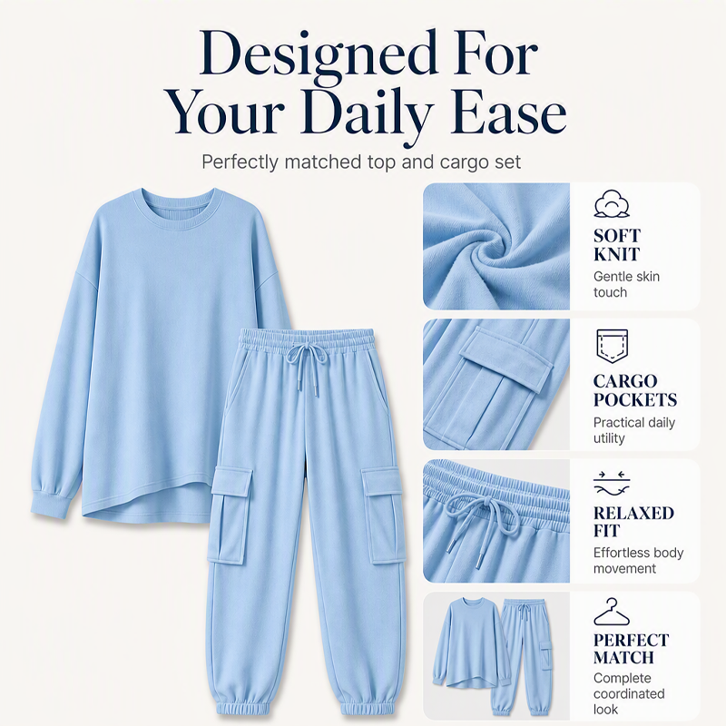 Women's Casual Crew Neck Top & Cargo Pants Set