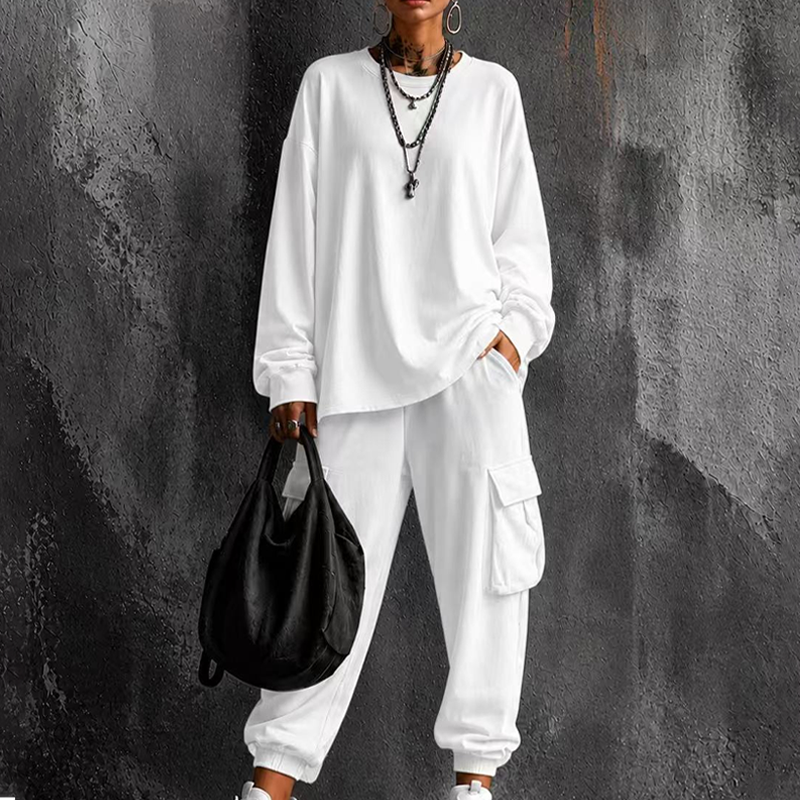 Women's Casual Crew Neck Top & Cargo Pants Set