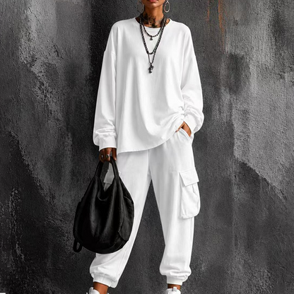 Women's Casual Crew Neck Top & Cargo Pants Set