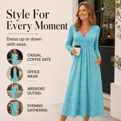 🌸 Women's Wrap V Neck Dress with Pockets– Flattering Feminine Fit With Pockets For Effortless Everyday Style 🤍