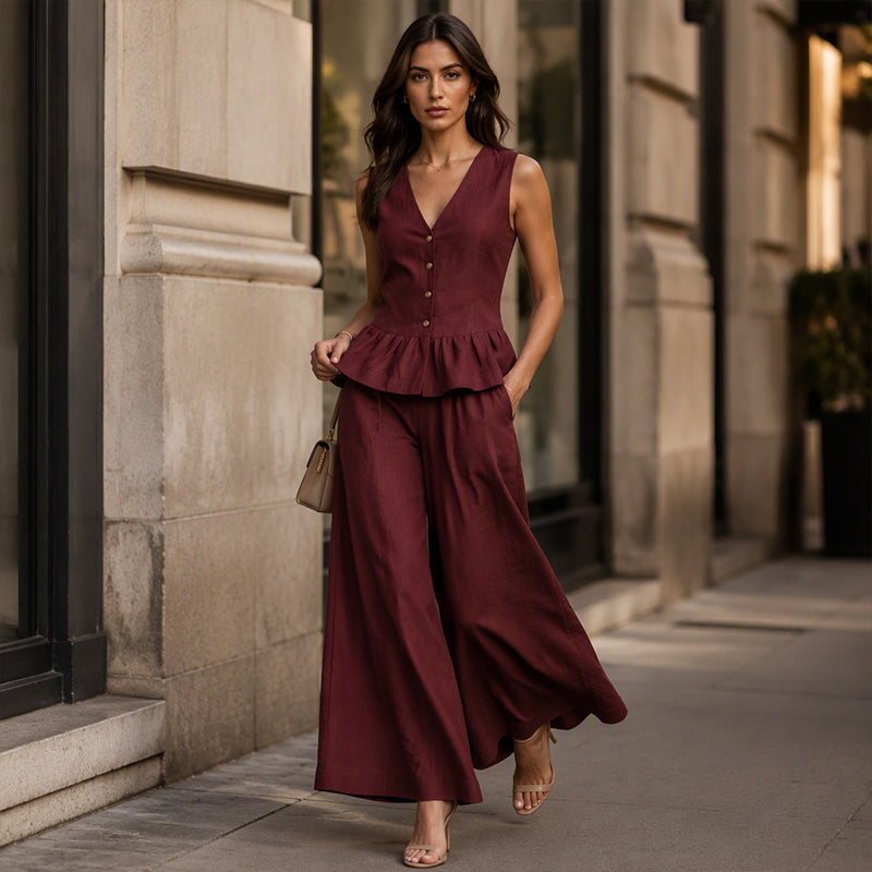 Women's Peplum Top & Wide-Leg Pants Set