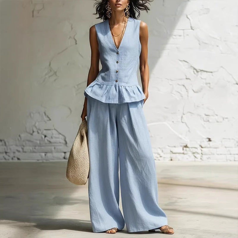 Women's Peplum Top & Wide-Leg Pants Set