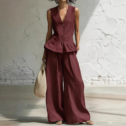 Women's Peplum Top & Wide-Leg Pants Set