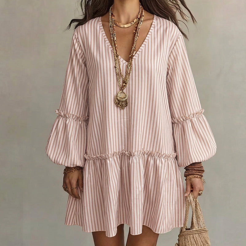Women Striped V Neck Long Sleeve Lantern Sleeve Loose Dress