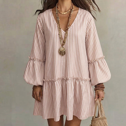 Women Striped V Neck Long Sleeve Lantern Sleeve Loose Dress