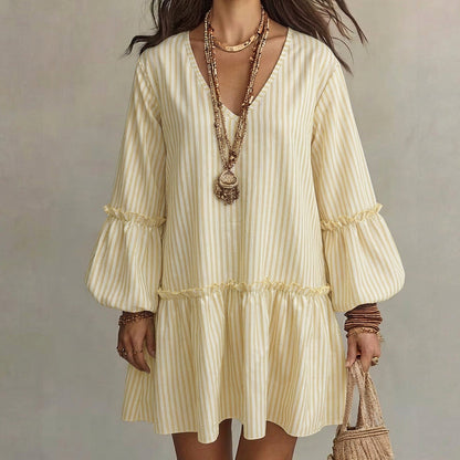 Women Striped V Neck Long Sleeve Lantern Sleeve Loose Dress
