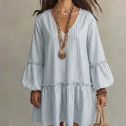 Women Striped V Neck Long Sleeve Lantern Sleeve Loose Dress
