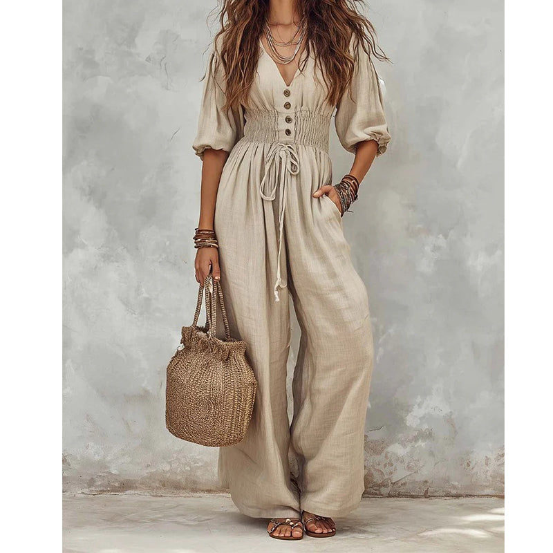 Women's Waist-Defining V-Neck Jumpsuit