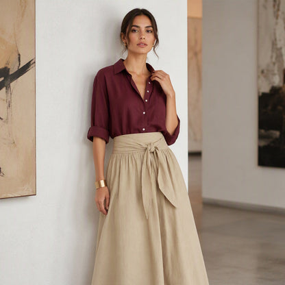 Women's Elegant Shirt & Tie-Waist Skirt Set