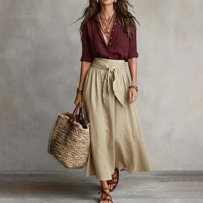 Women's Elegant Shirt & Tie-Waist Skirt Set