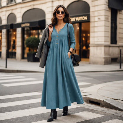 Women's V-Neck Button Pleated Dress