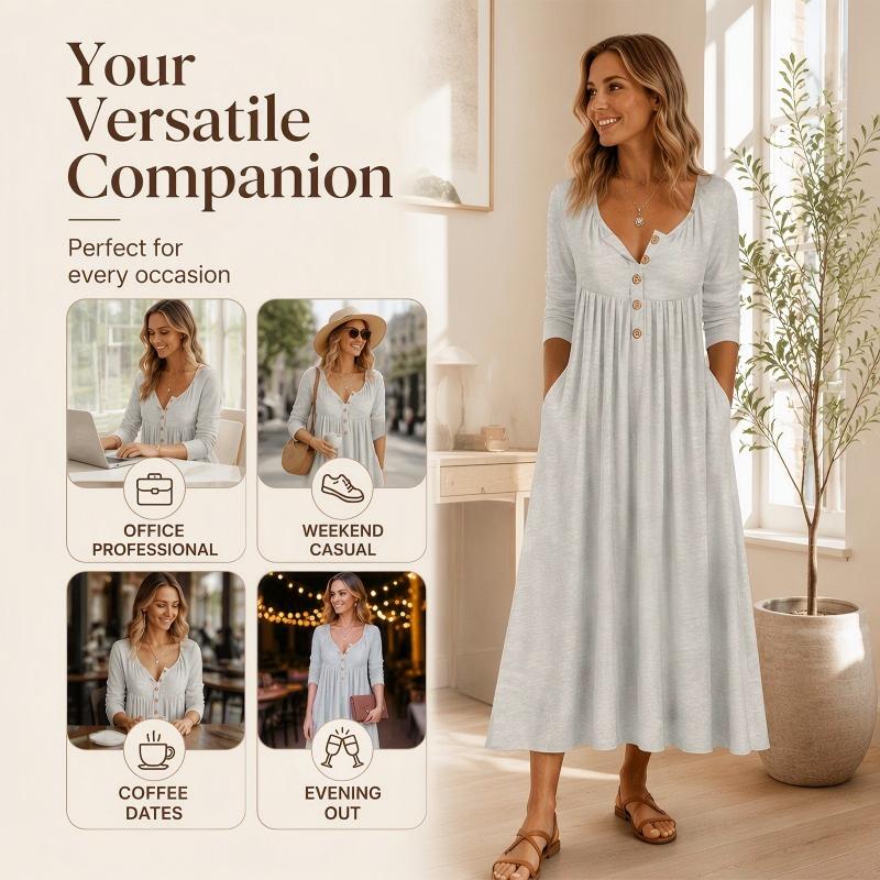 Women's V-Neck Button Pleated Dress