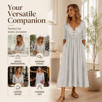 Women's V-Neck Button Pleated Dress
