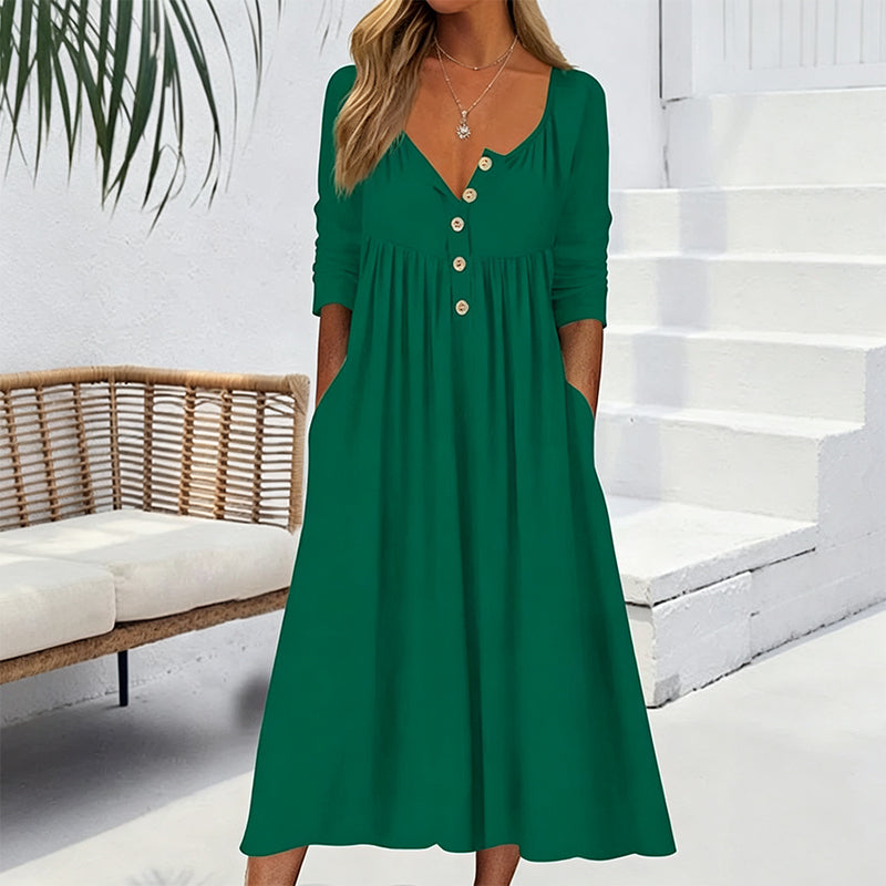 Women's V-Neck Button Pleated Dress