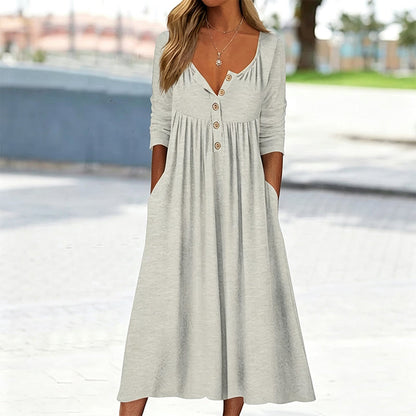 Women's V-Neck Button Pleated Dress
