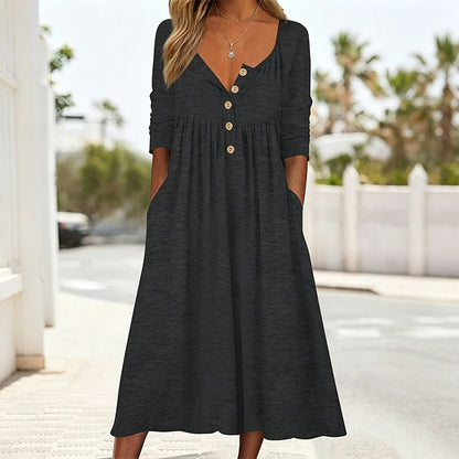 Women's V-Neck Button Pleated Dress