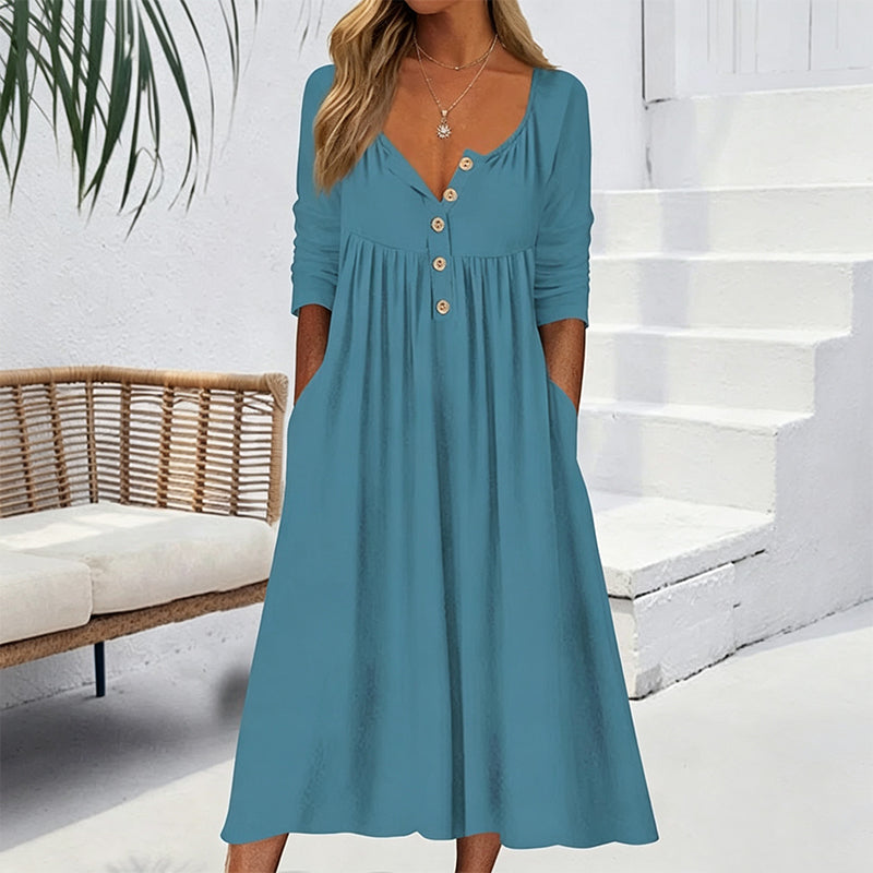Women's V-Neck Button Pleated Dress