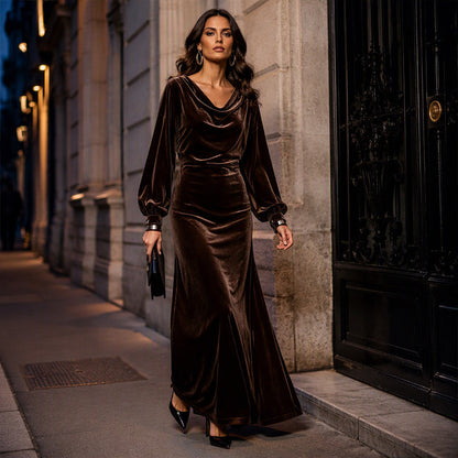 ⌛Limited-Time Offer-Women's Elegant Velvet Cowl Neck Dress – Luxe Soft Texture With Flattering Feminine Silhouette 🤍