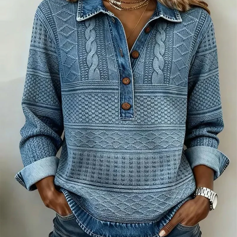 ⏰Last Day Sale 50% Off 💃 Women’s Denim Patchwork Lapel Long-Sleeve Shirt