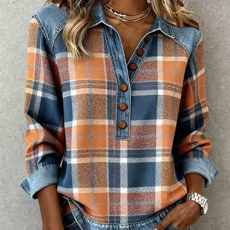 ⏰Last Day Sale 50% Off 💃 Women’s Denim Patchwork Lapel Long-Sleeve Shirt