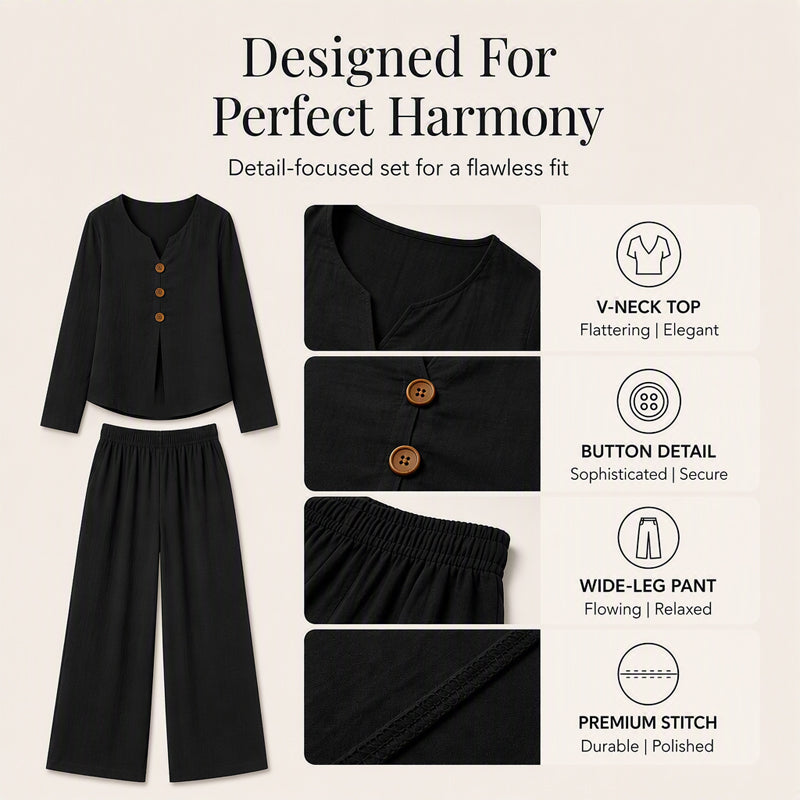 Women's V-Neck Long Sleeve Top & Wide-Leg Pants Set