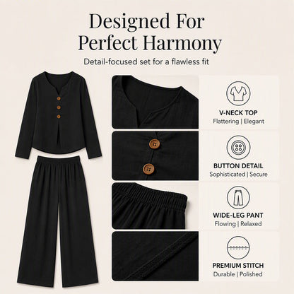 Women's V-Neck Long Sleeve Top & Wide-Leg Pants Set