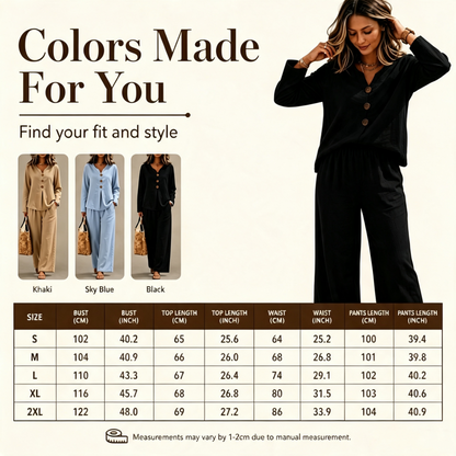 Women's V-Neck Long Sleeve Top & Wide-Leg Pants Set