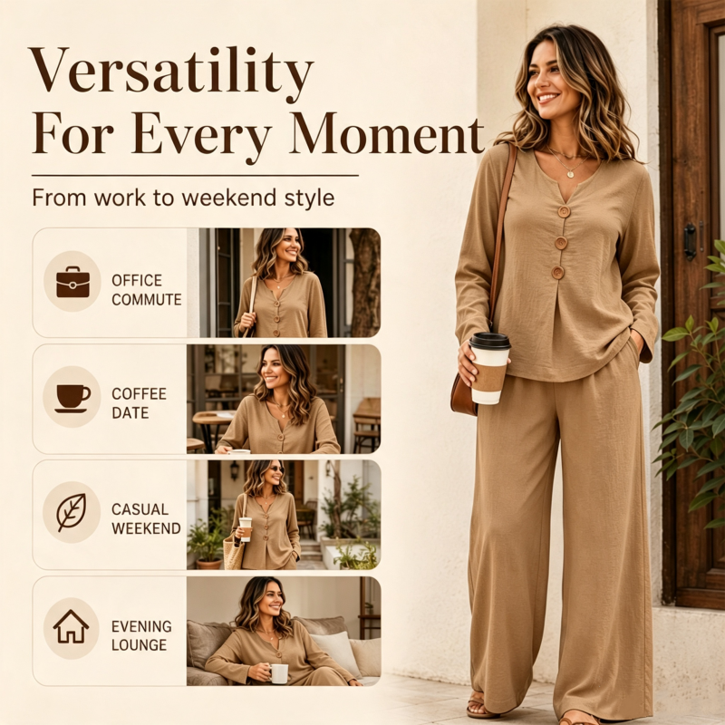 Women's V-Neck Long Sleeve Top & Wide-Leg Pants Set