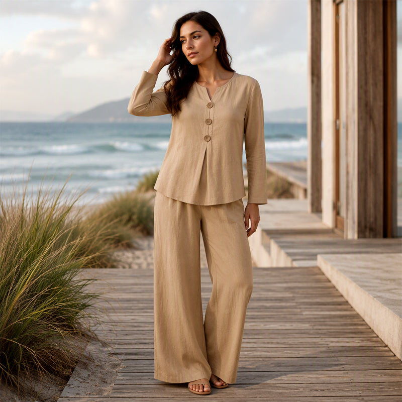 Women's V-Neck Long Sleeve Top & Wide-Leg Pants Set
