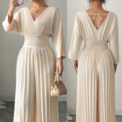 Elegant V-Neck Pleated Wide-Leg Jumpsuit