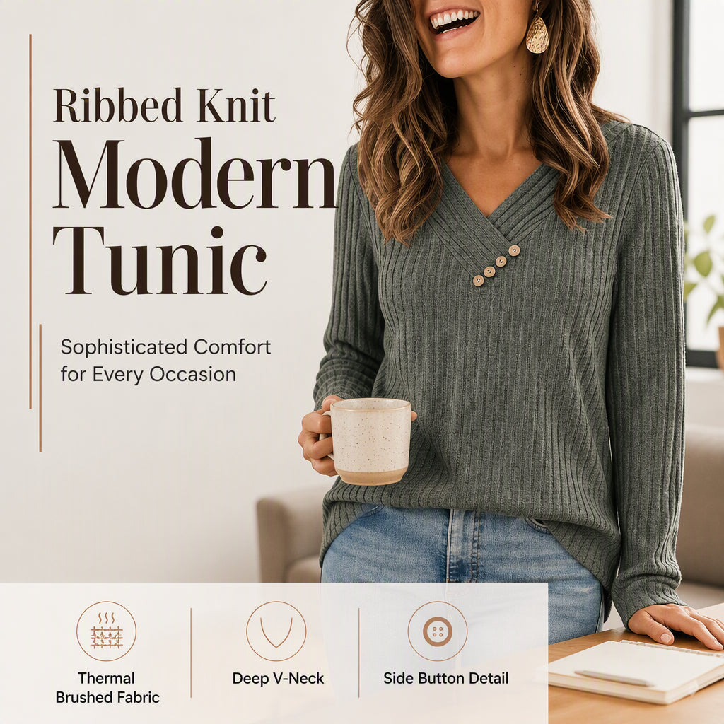 Women's Ribbed Knit V-Neck Top with Decorative Buttons