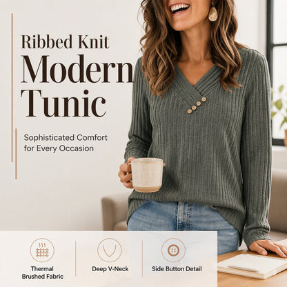 Women's Ribbed Knit V-Neck Top with Decorative Buttons