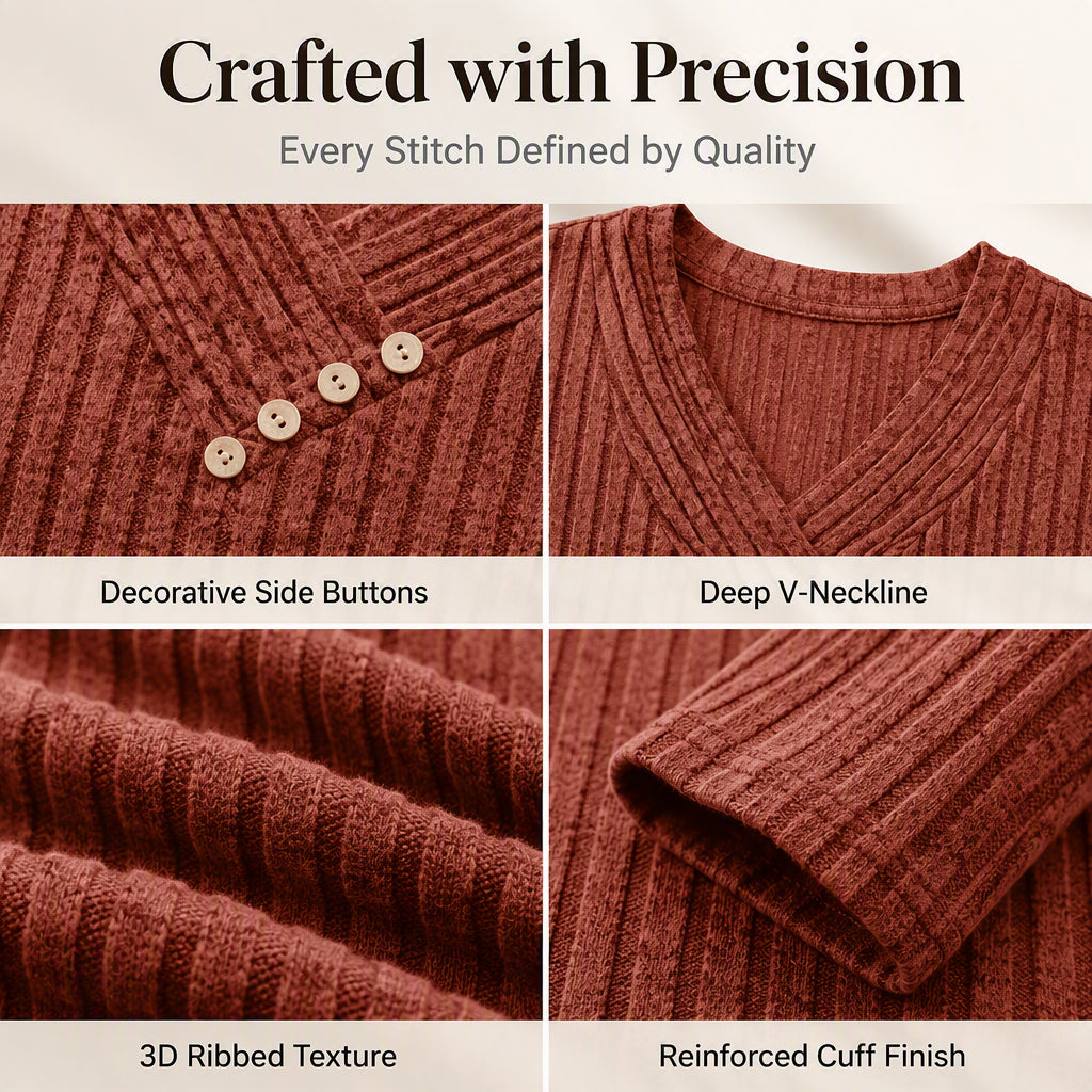 Women's Ribbed Knit V-Neck Top with Decorative Buttons