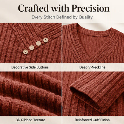 Women's Ribbed Knit V-Neck Top with Decorative Buttons