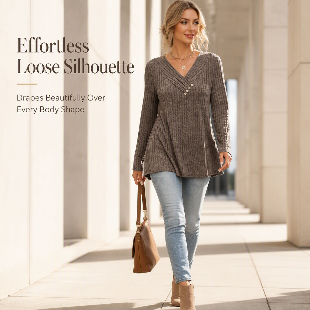 Women's Ribbed Knit V-Neck Top with Decorative Buttons