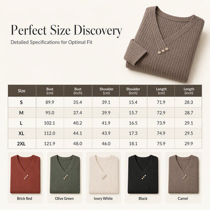 Women's Ribbed Knit V-Neck Top with Decorative Buttons