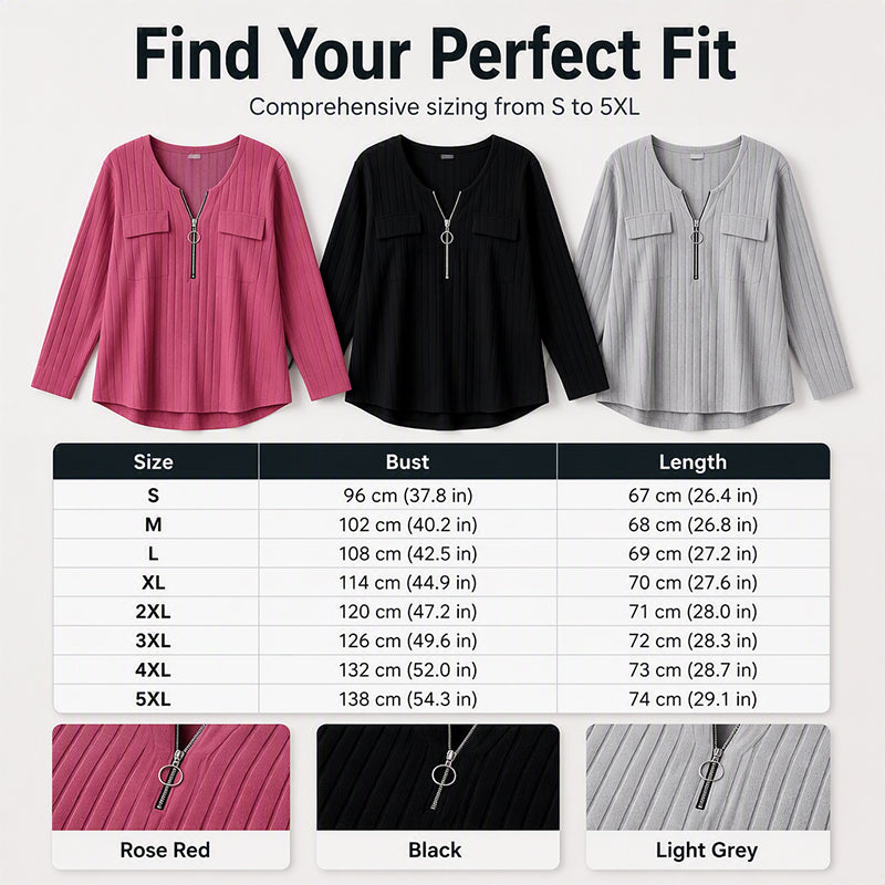 Women's Zipper V-Neck Ribbed Knit Long Sleeve Top