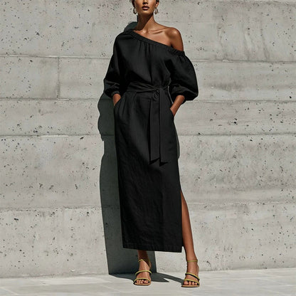 Women's Elegant One-Shoulder Belted Dress