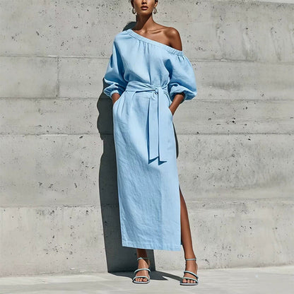 Women's Elegant One-Shoulder Belted Dress