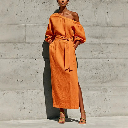 Women's Elegant One-Shoulder Belted Dress