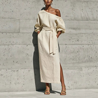Women's Elegant One-Shoulder Belted Dress